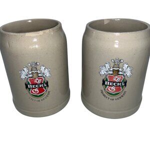 Becks Germany Beer Stein Mug Set Of 2 Ceramic 0.5L Beige With Handles Vintage